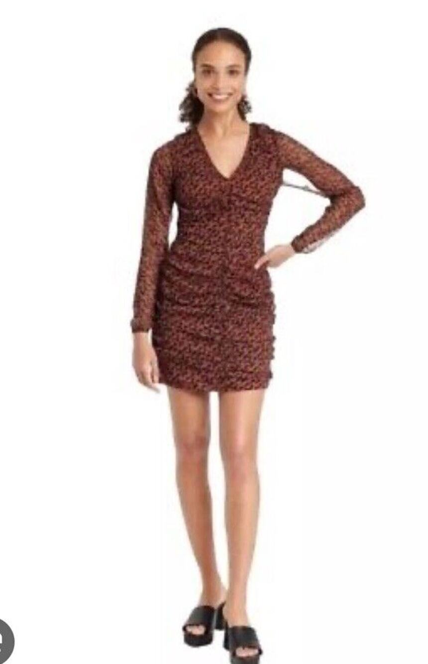 A New Day~Brown Geo Print Dress Ruched Mini Long Sleeve Woman’s Size Medium